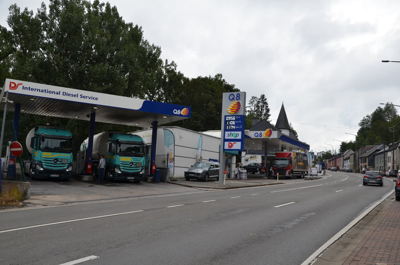 Martelange. Belgium / Luxembourg. Petrol stations at the border. 